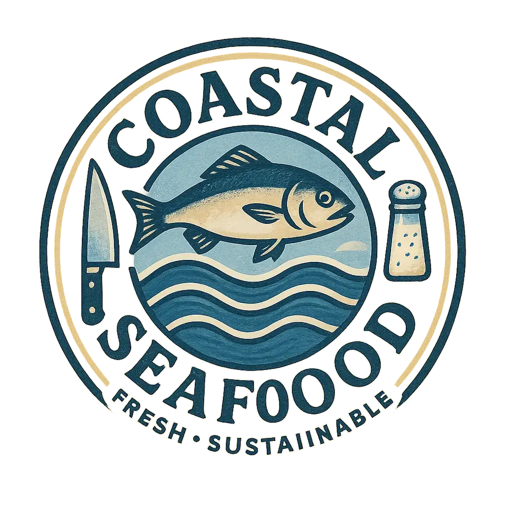 Coastal seafood restaurant logo template with fish and waves