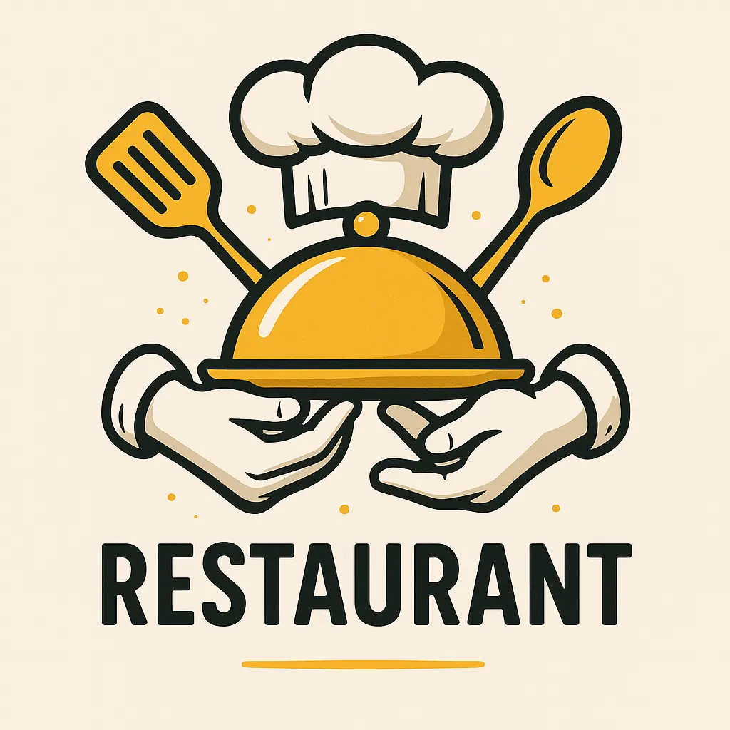 Restaurant Logo template with chef holding platter and kitchen utensils