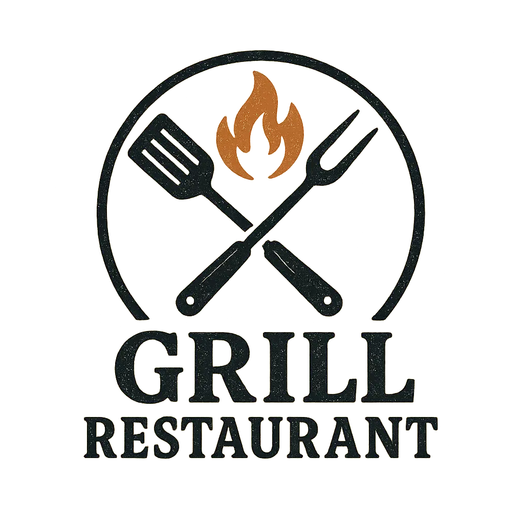 Restaurant Logo template with crossed grill utensils and flame