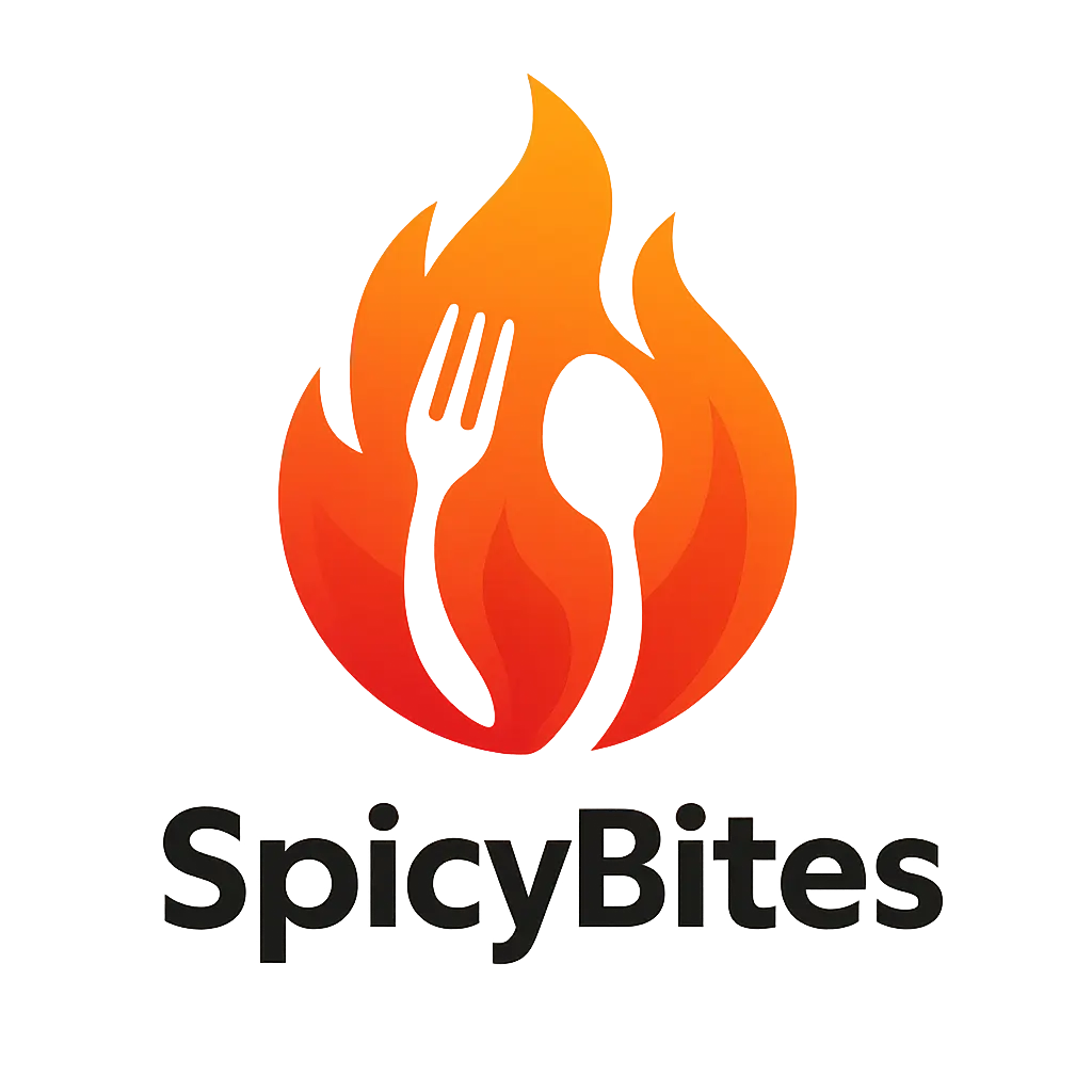 SpicyBites Restaurant Logo template with fiery flame and utensils
