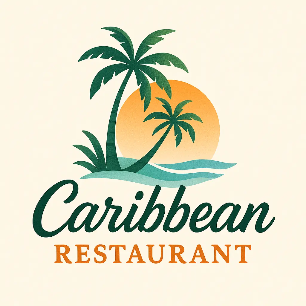 Caribbean Restaurant Logo template with palm trees, sun, and waves