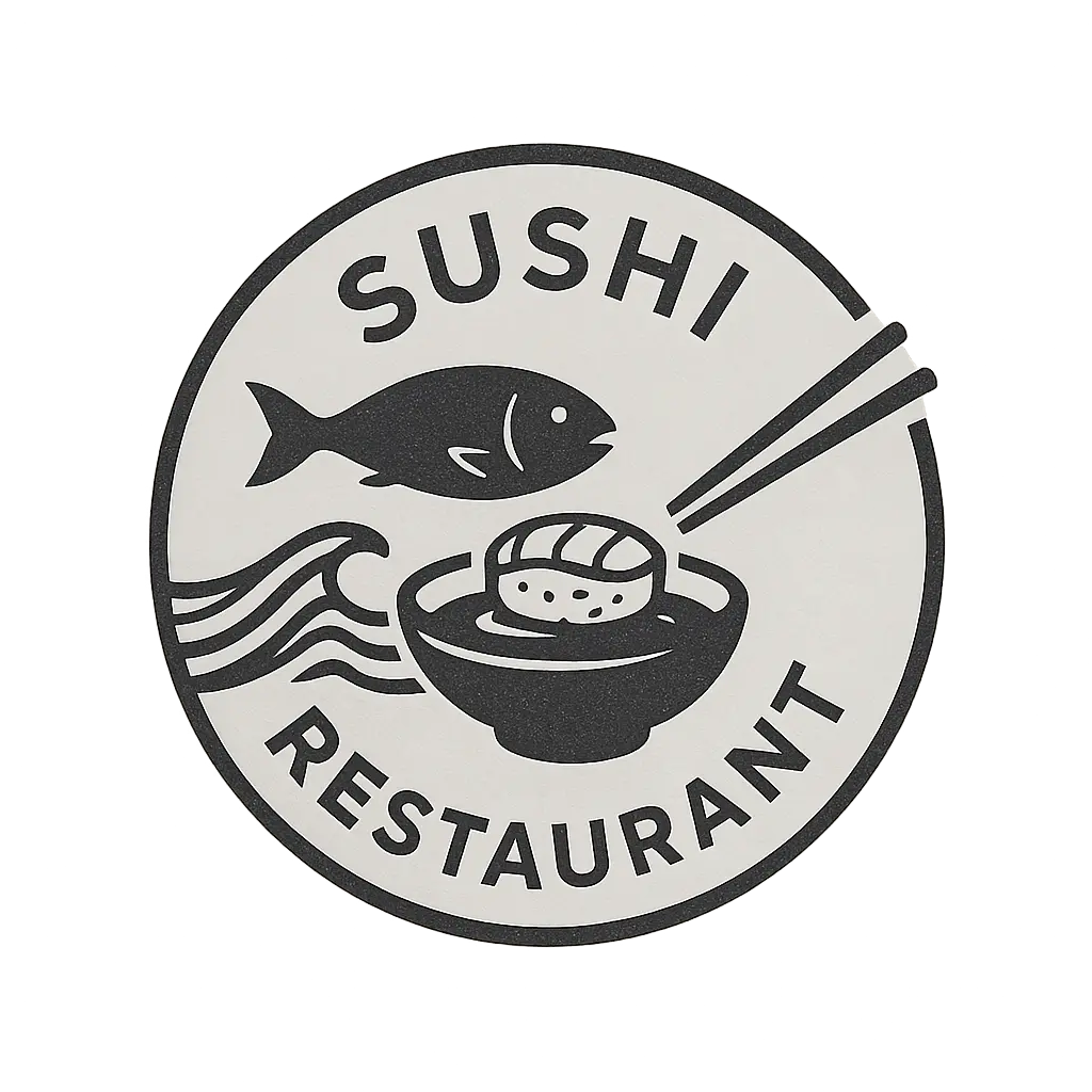 Minimalist monochrome Restaurant Logo template with sushi and fish motifs