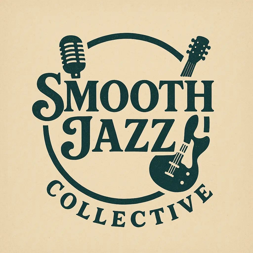 Smooth Jazz Collective Band Logo template with vintage microphone and guitar