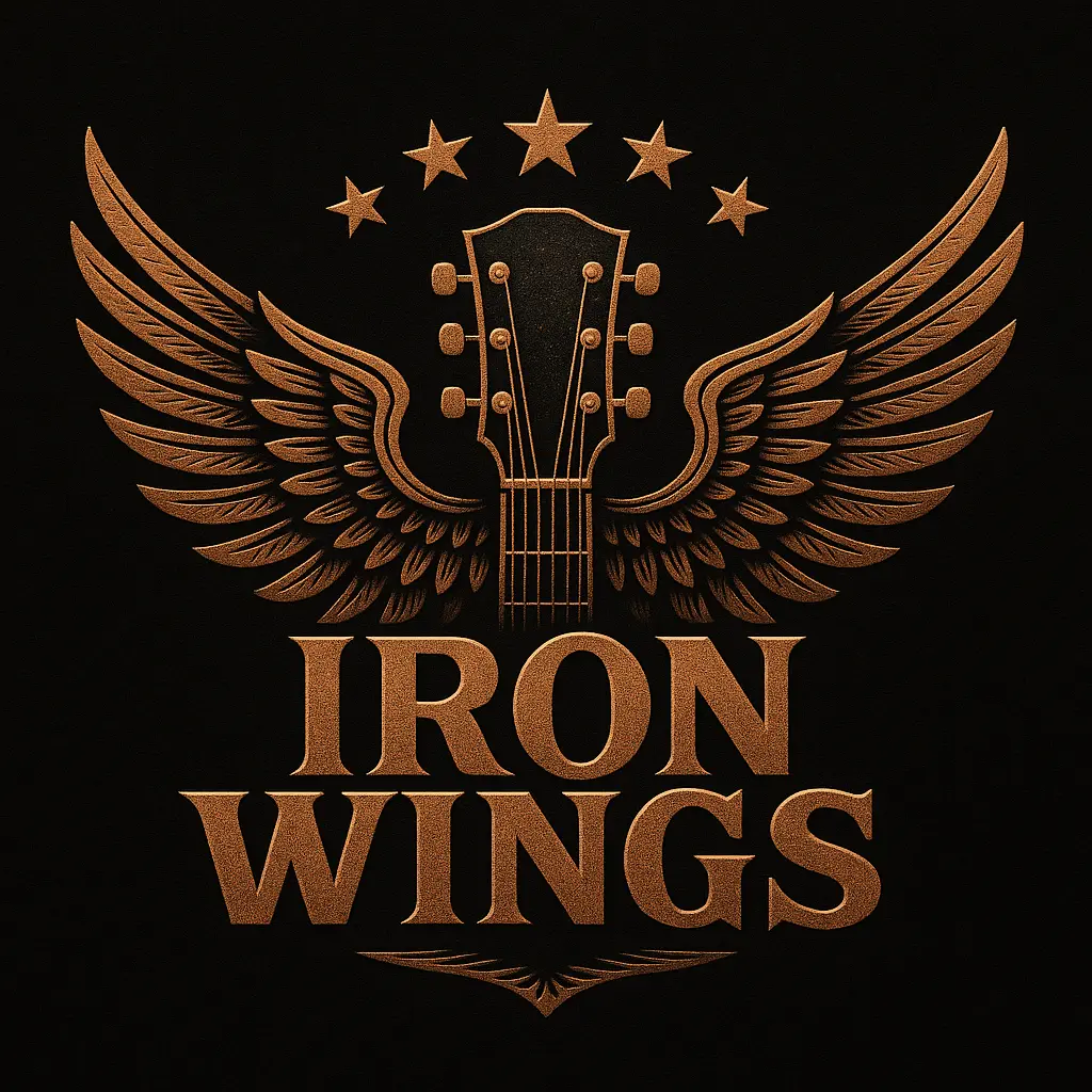 Vintage eagle-wing Band Logo template with guitar headstock and stars