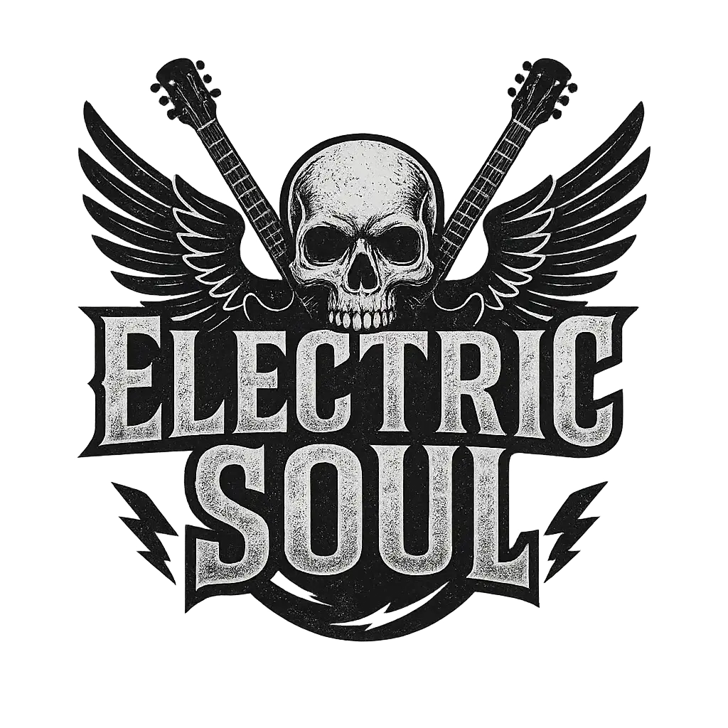 Black and white Band Logo template with electric guitars, wings, and skulls