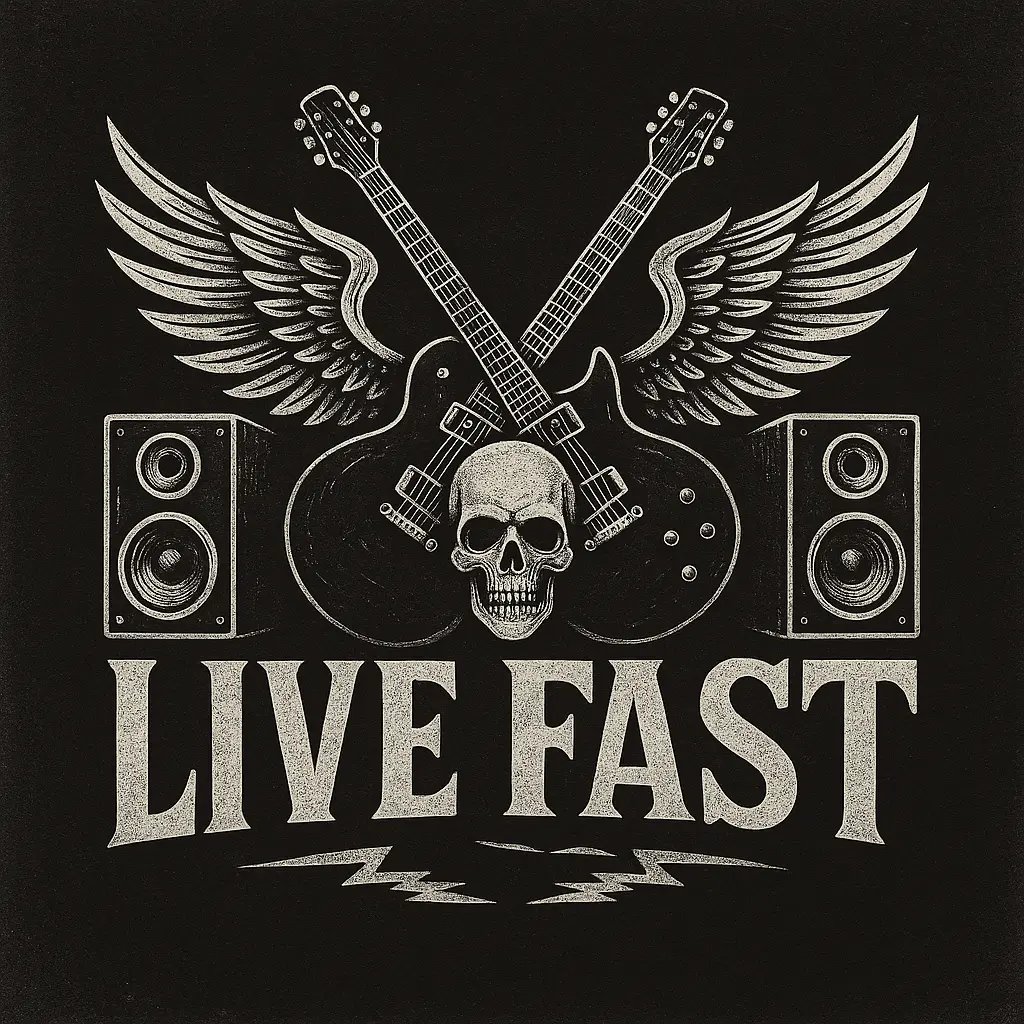 Band Logo template featuring vintage rock typography with electric guitars, skulls, and speakers