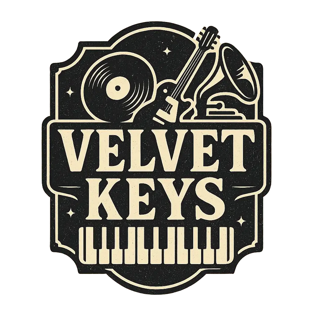 Vintage Band Logo template with piano, vinyl, guitar, gramophone