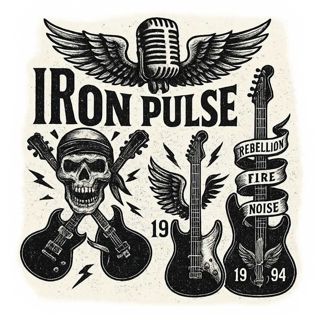 Vintage hard rock Band Logo template with skull and guitar motifs