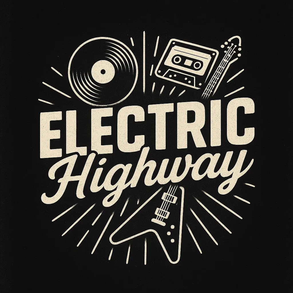 Retro Band Logo template with vinyl, cassette, and guitar icons