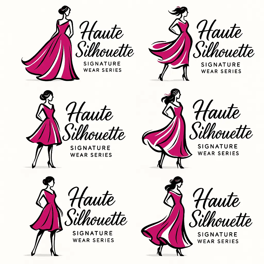 Fashion Logo template with elegant dress silhouettes and modern script text