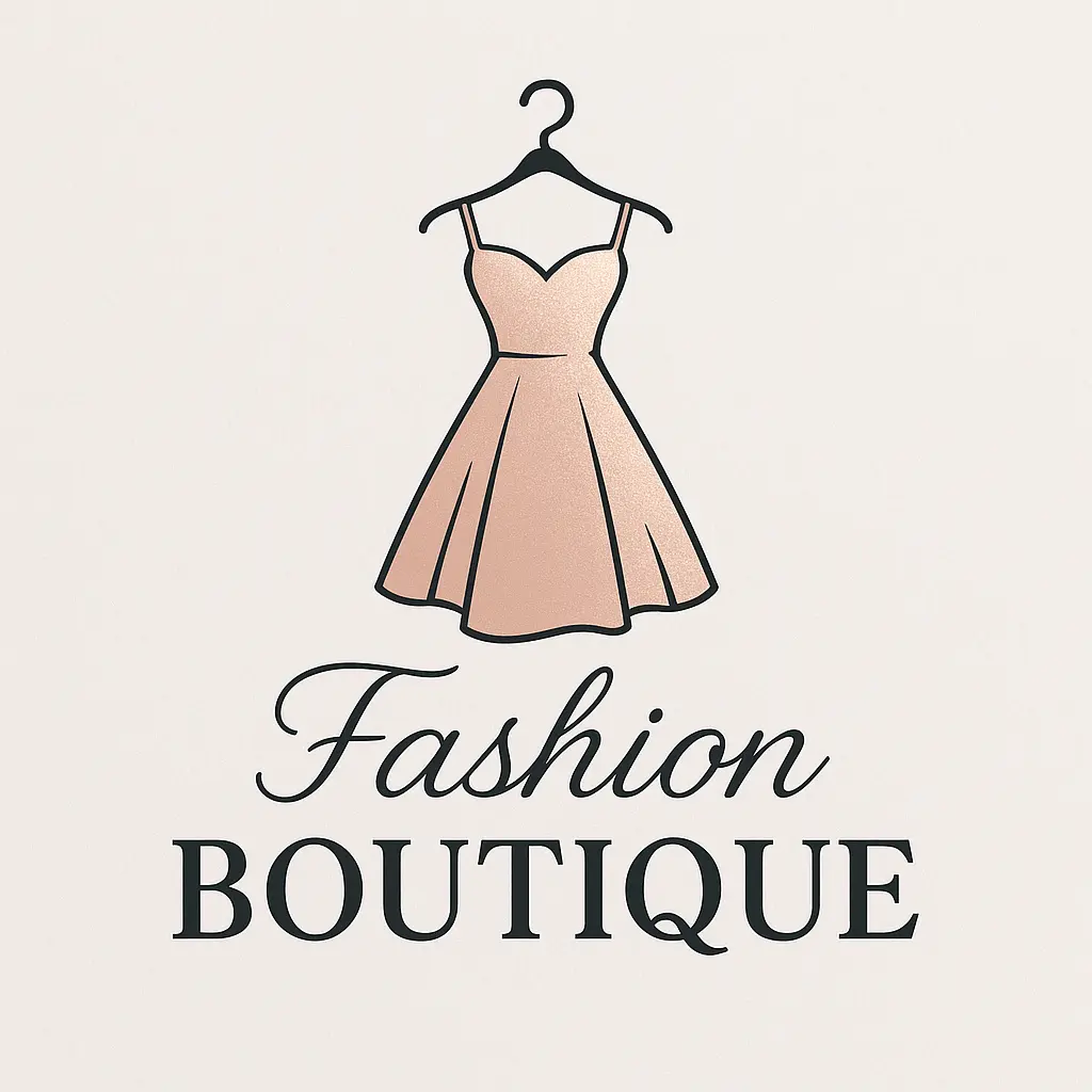 Fashion Logo template with dress and hanger icon, modern script text
