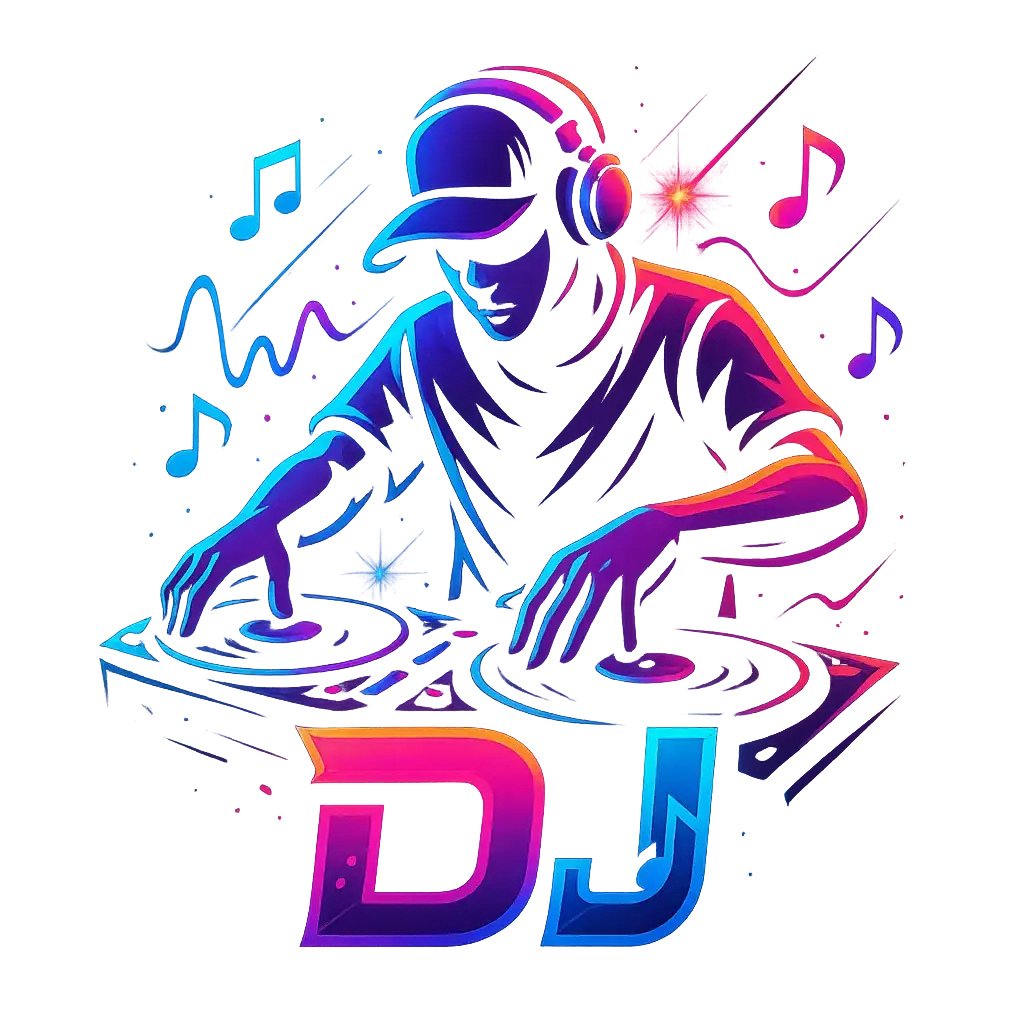 DJ Logo template with energetic neon gradients and stylized DJ character