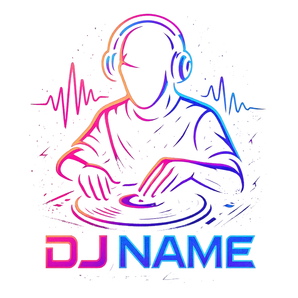 DJ Logo template with neon colors, DJ figure, and turntable