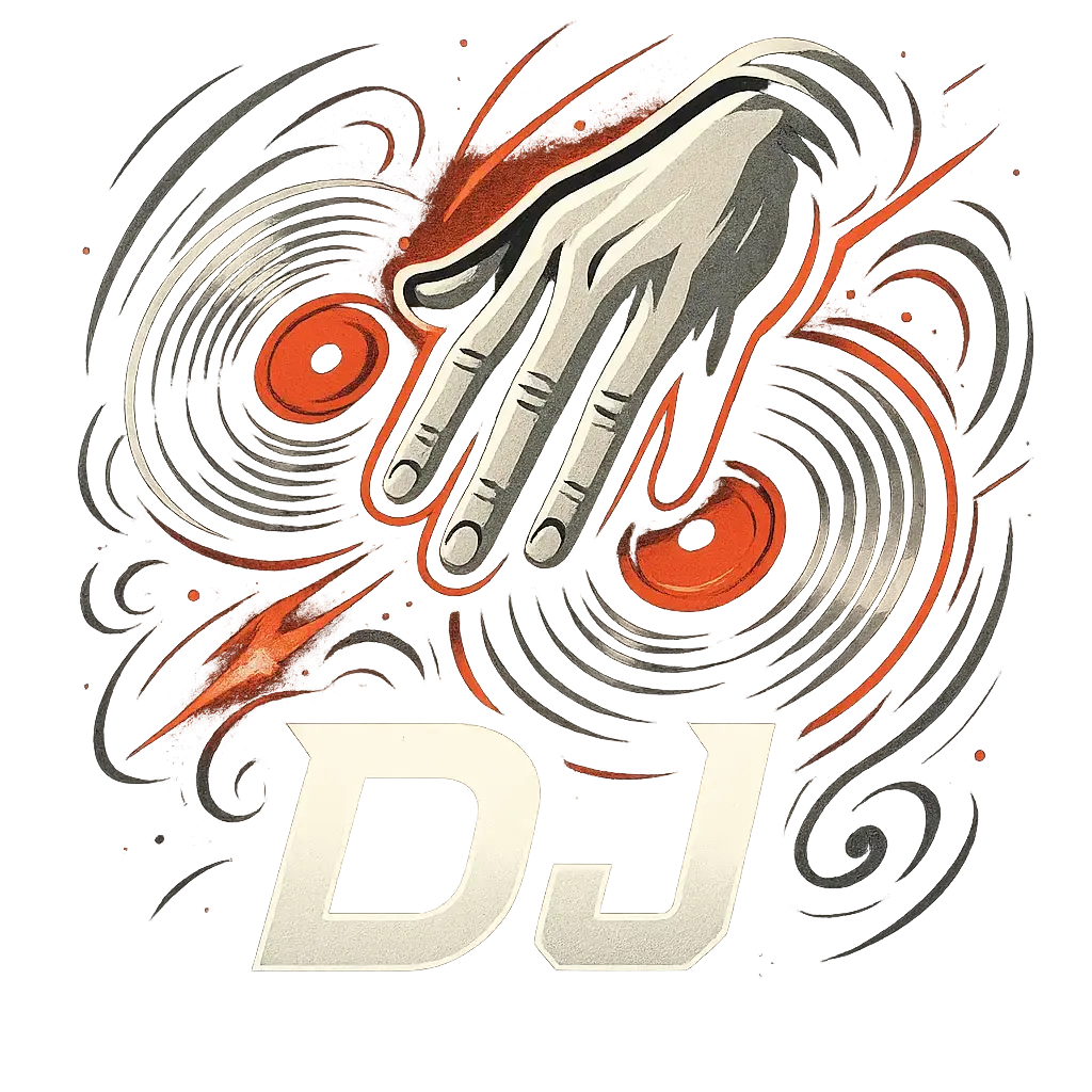DJ Logo template with hand and vinyl records, bold black and red design