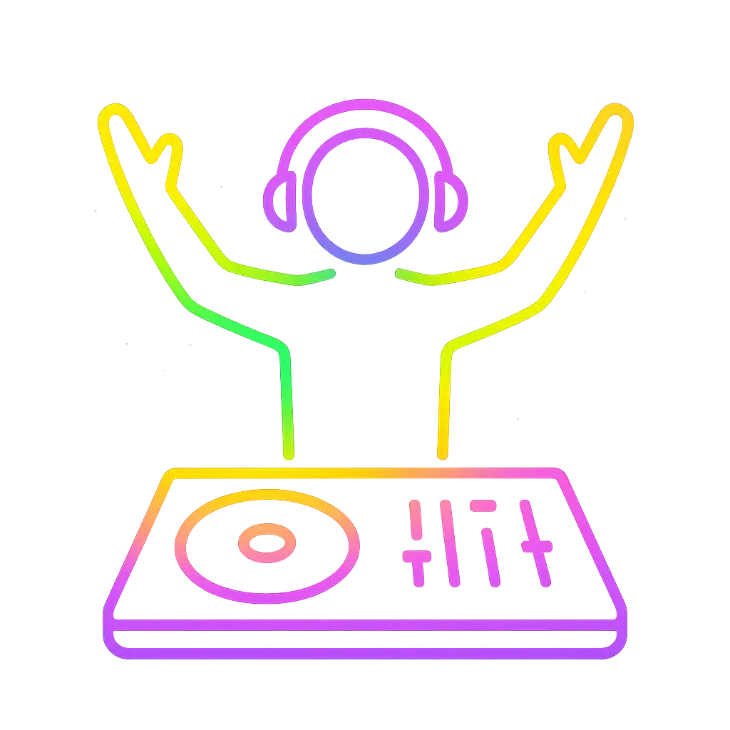 Neon DJ Logo template with figure, headphones, and turntable