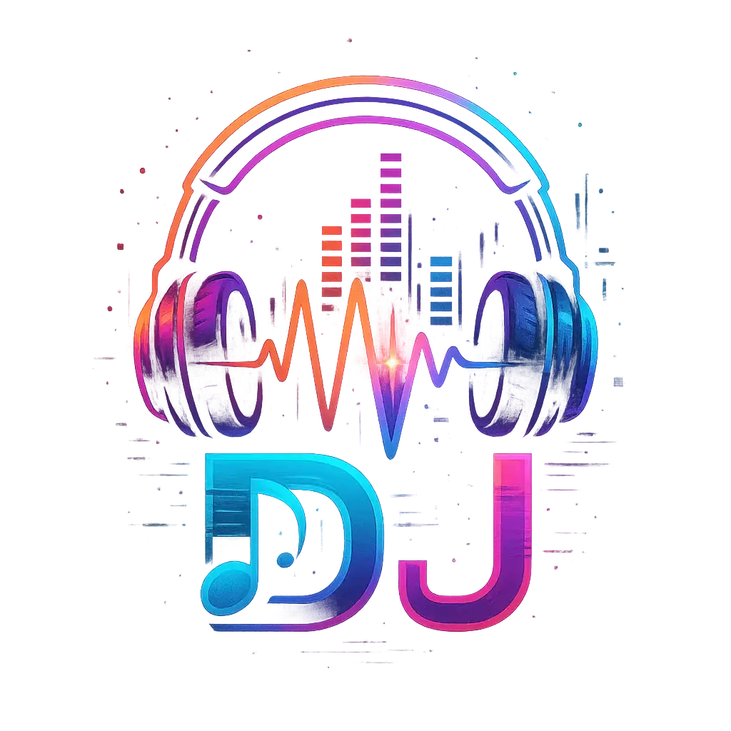 DJ Logo template with neon gradient headphones and sound waves