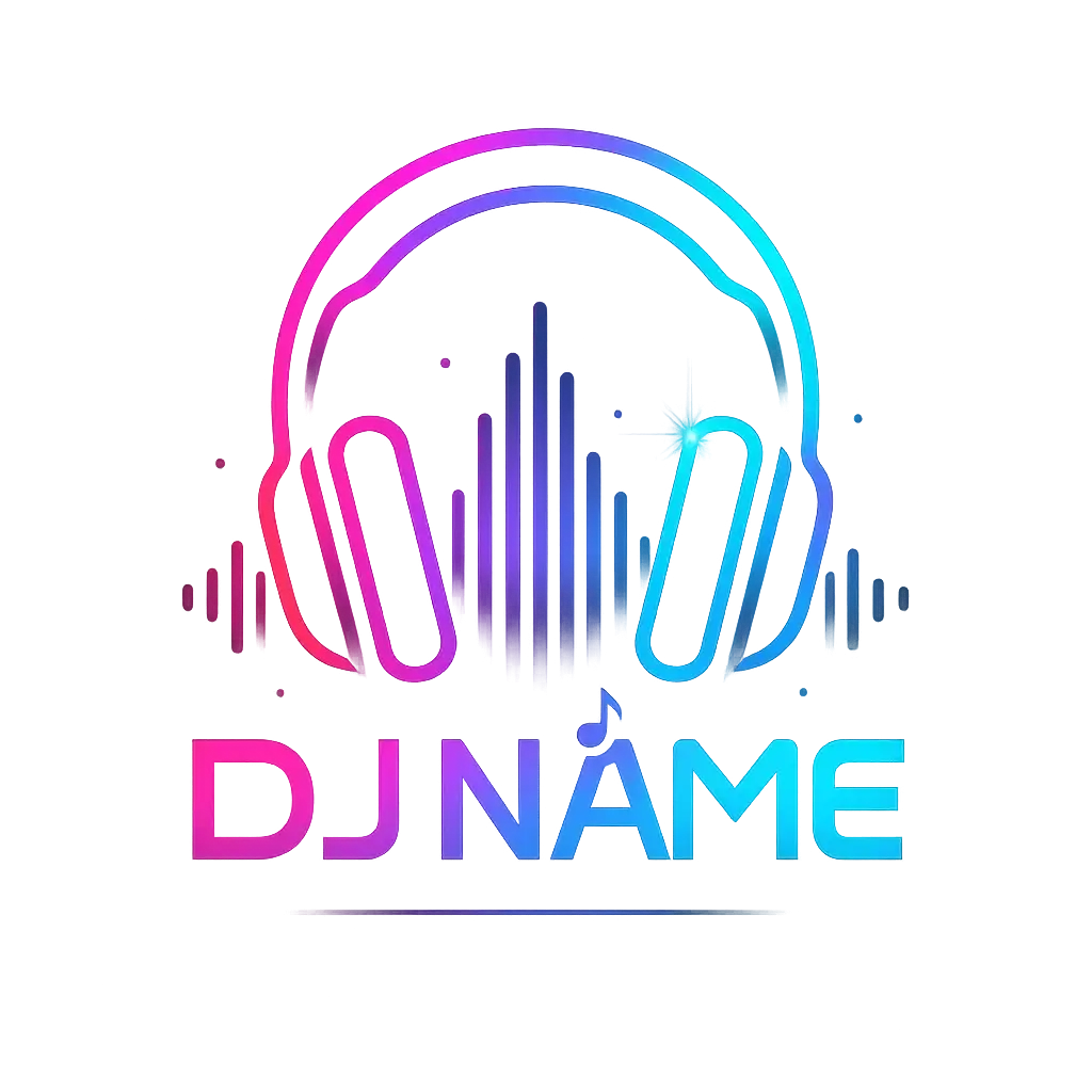 DJ Logo template with neon headphones and sound waves