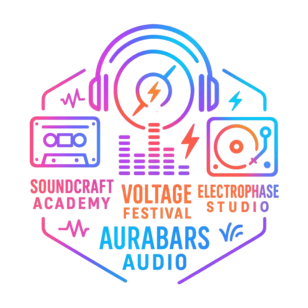 Colorful DJ Logo template with turntable, cassette, and equalizer