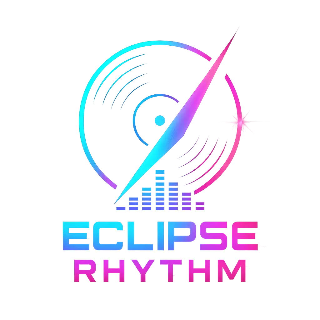 DJ Logo template featuring stylized vinyl record with glitch effects