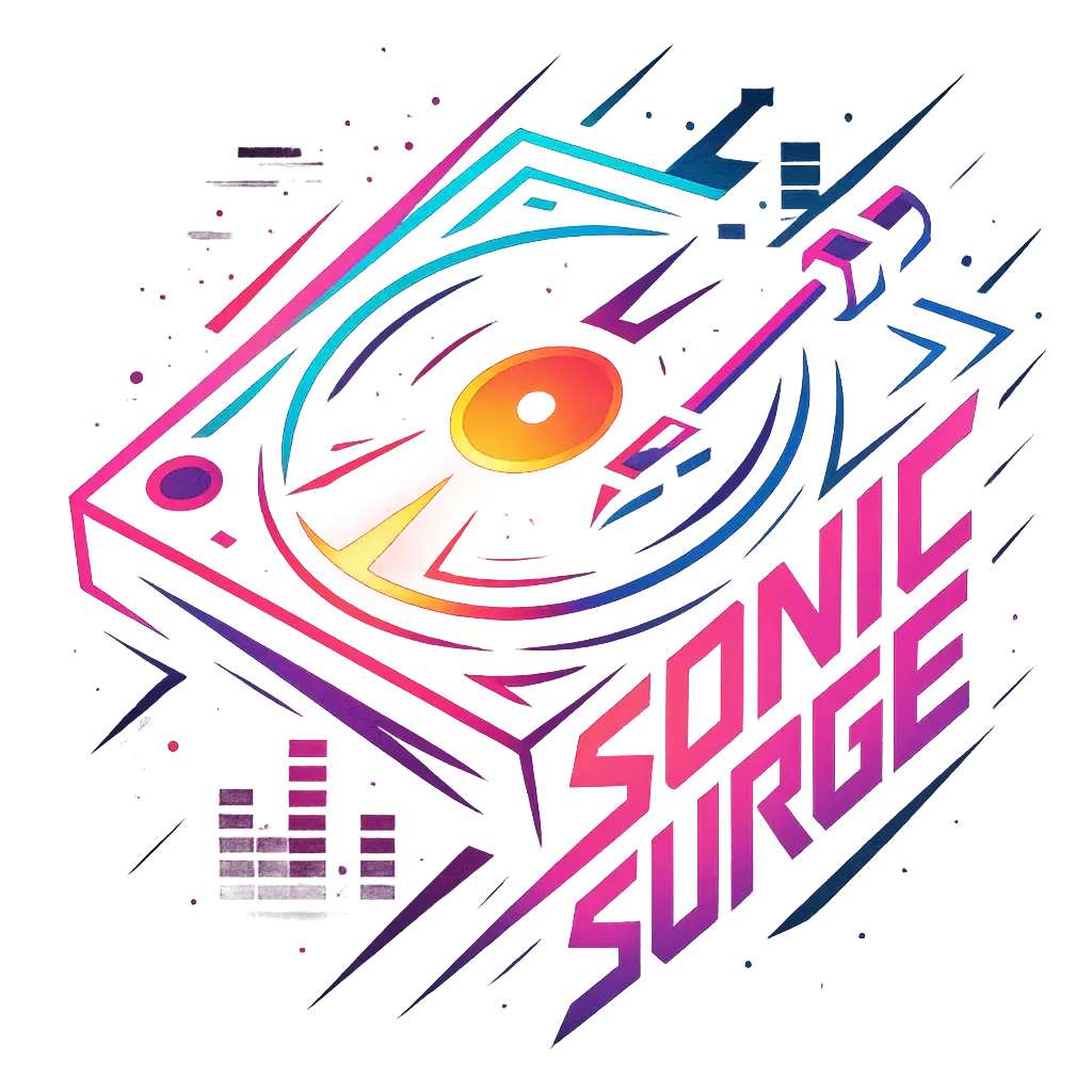 Energetic DJ Logo template with neon turntable icon