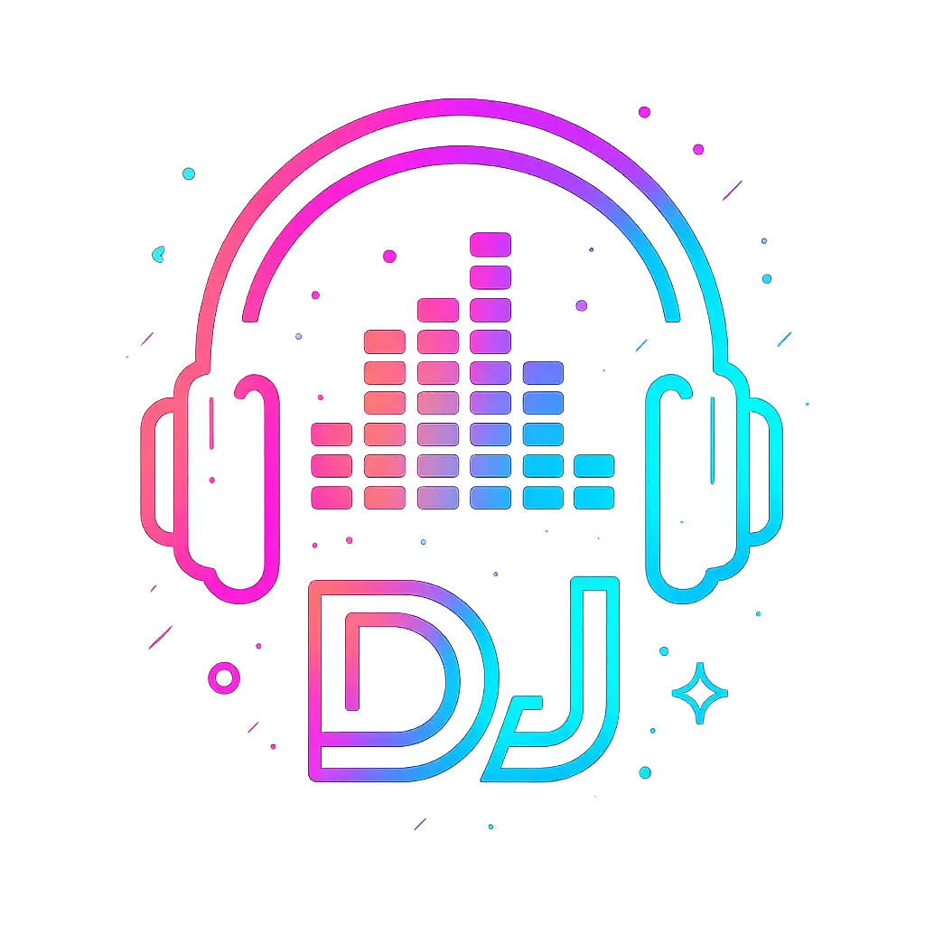 DJ Logo template featuring neon gradient headphones and equalizer
