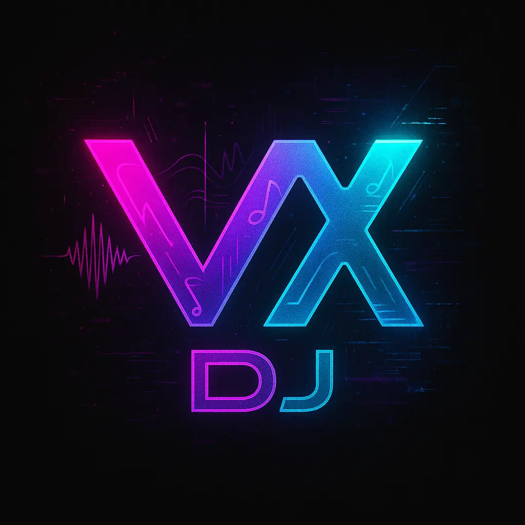 Vibrant DJ Logo template with stylized V and X initials, neon glow effects