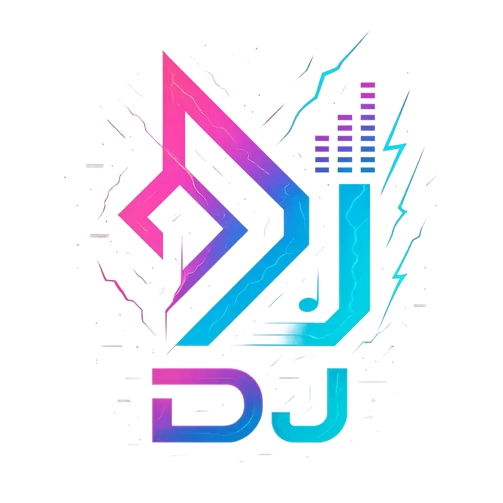 DJ Logo template with neon gradient, geometric monogram, and glitch effects