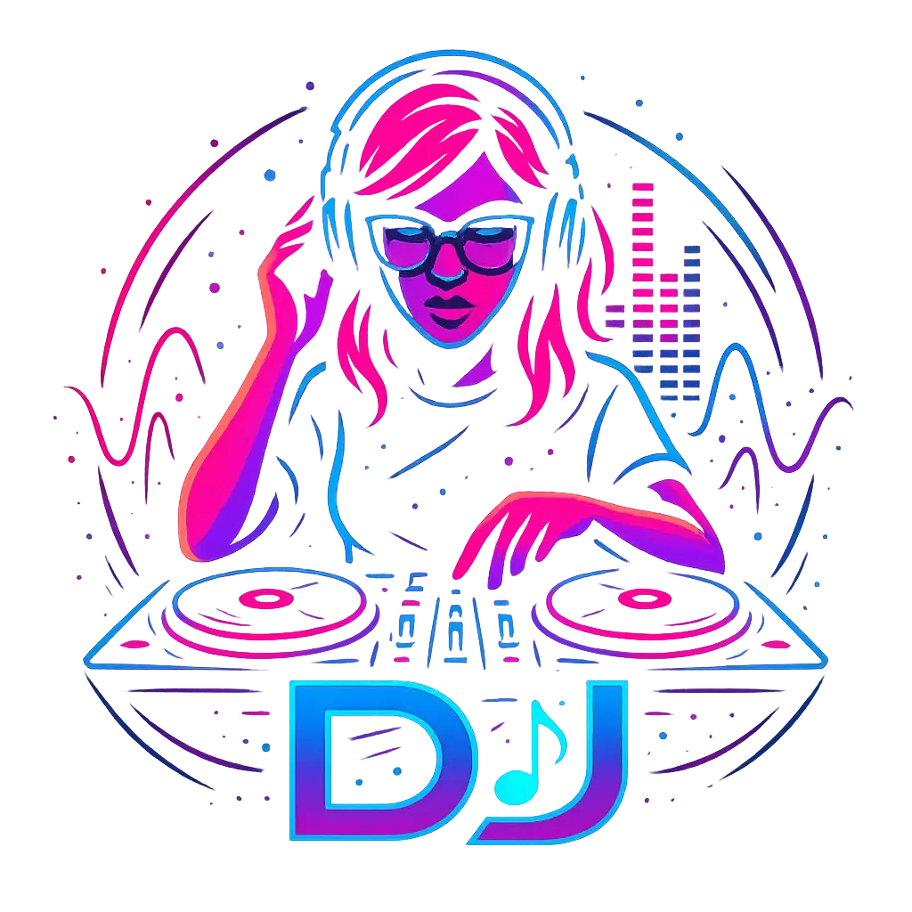 DJ Logo template featuring a stylized female DJ with neon effects