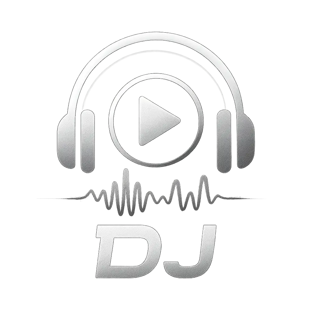 DJ Logo template featuring minimalist headphones with play button and sound waves
