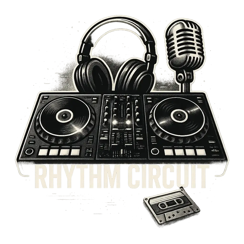 Retro DJ Logo template with controller, mic, and cassette