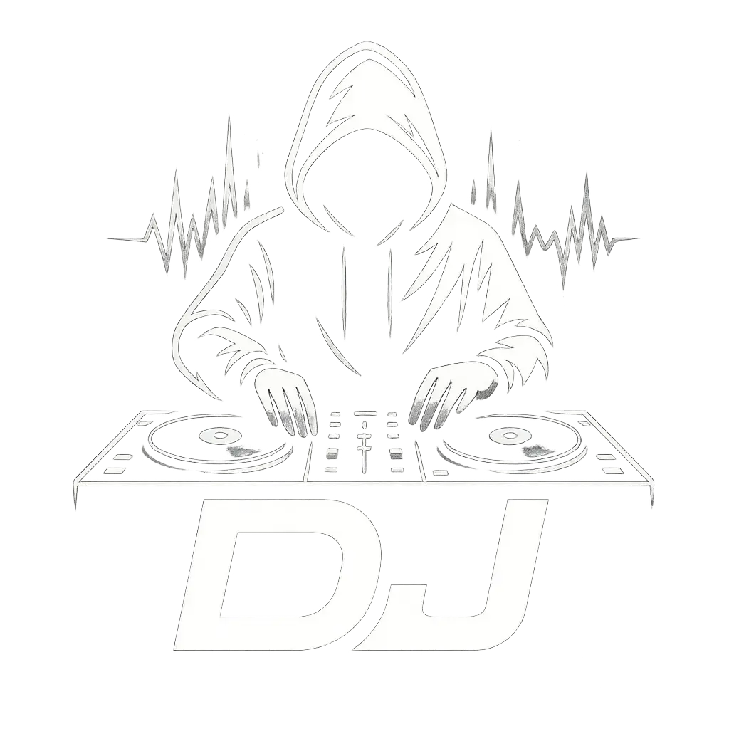 DJ Logo template featuring hooded DJ mixing tracks with turntables.