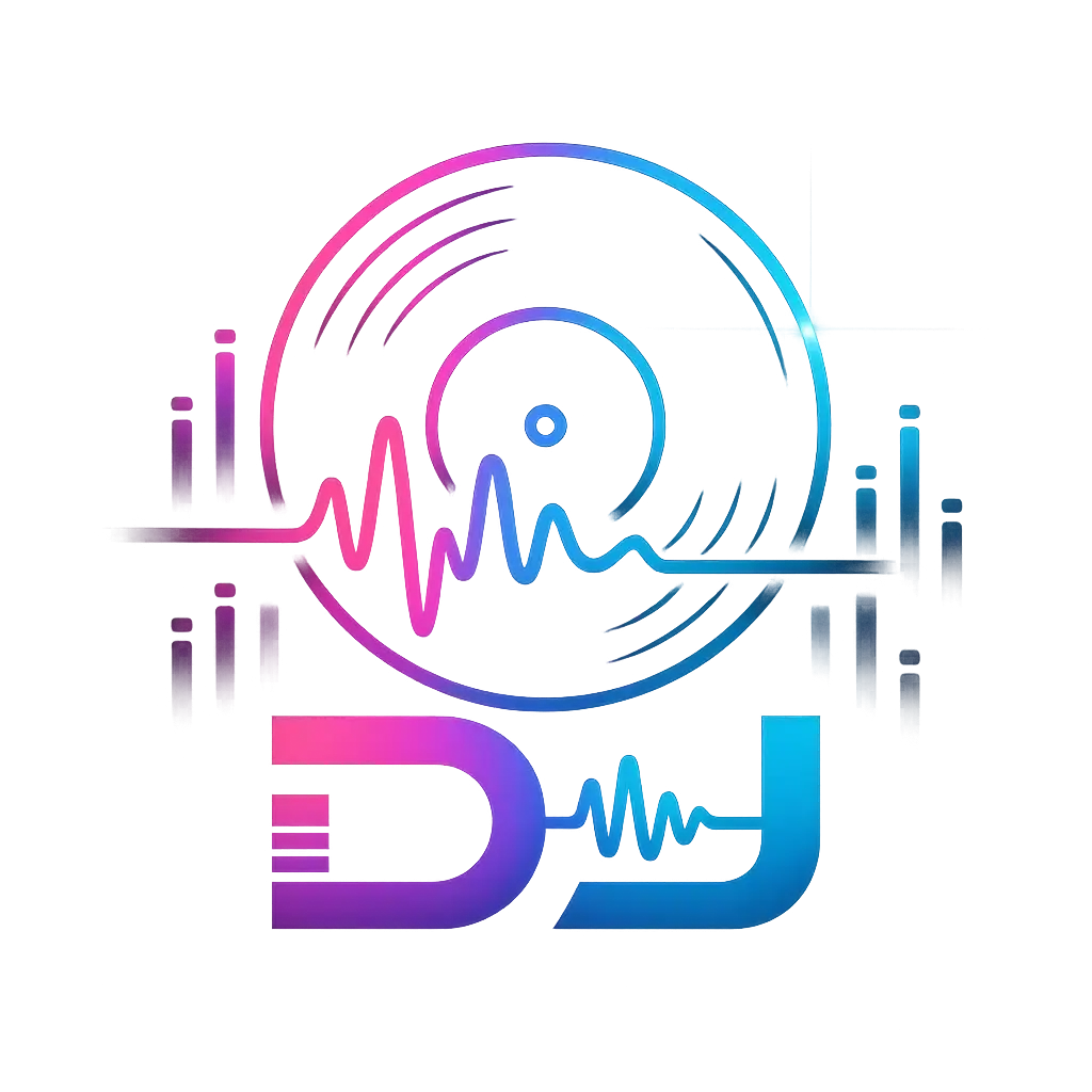 DJ Logo template with neon vinyl and waveform design
