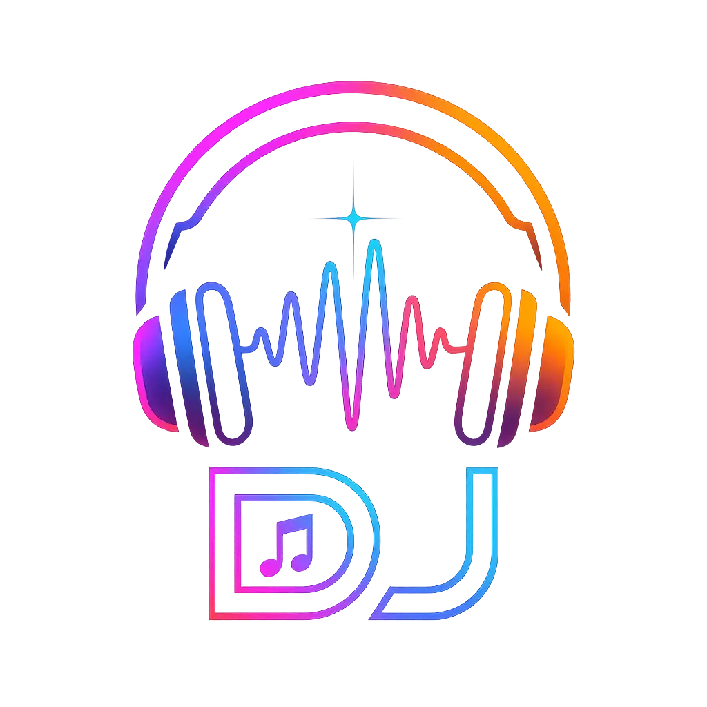 DJ Logo template with neon gradient headphones and sound waves