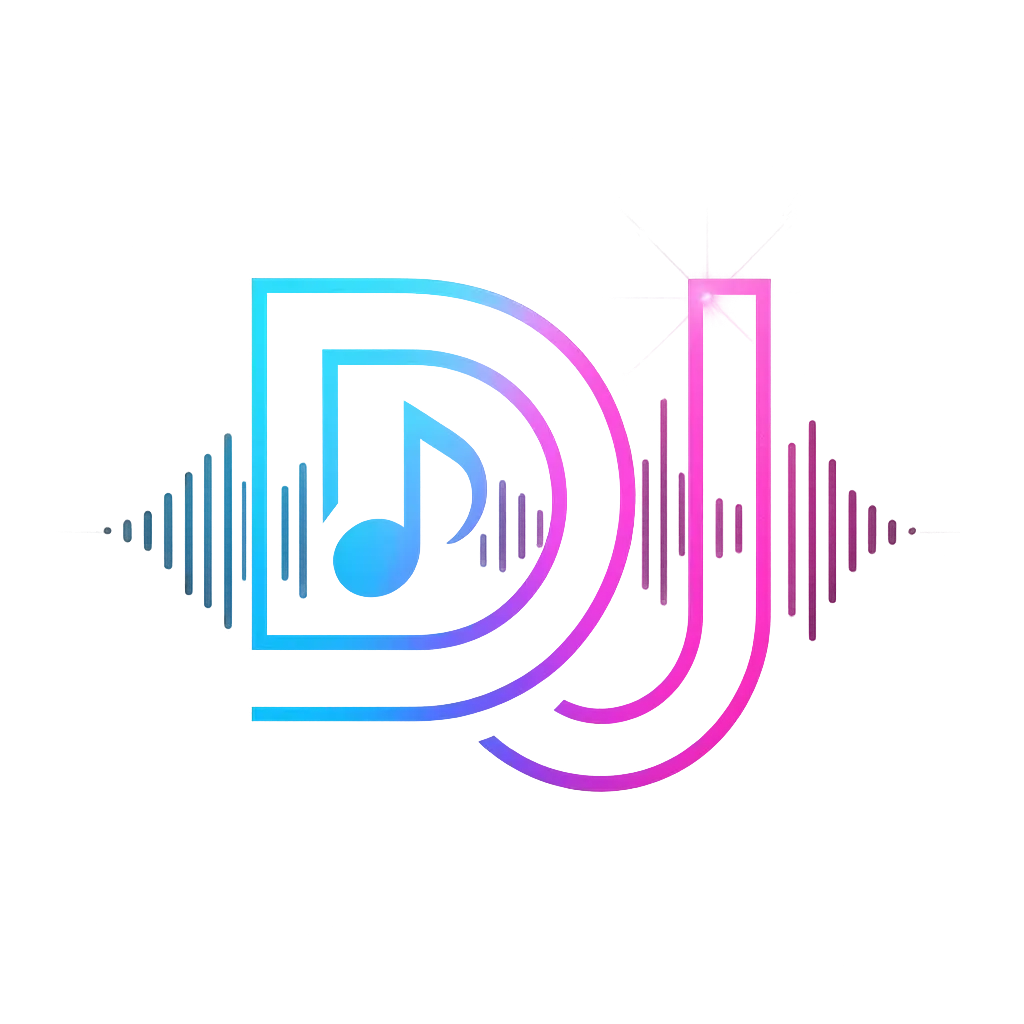 DJ Logo template with neon gradient, sound waves, and futuristic font