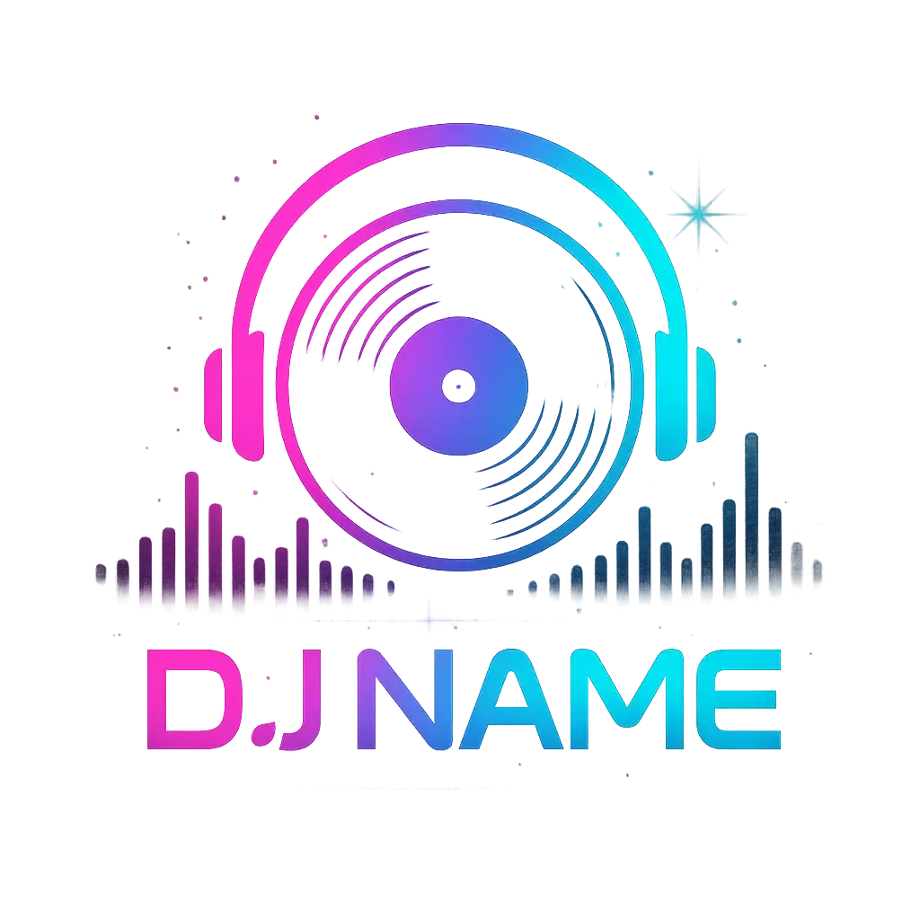 Stylized DJ Logo template with vinyl record, headphones, and neon gradient.