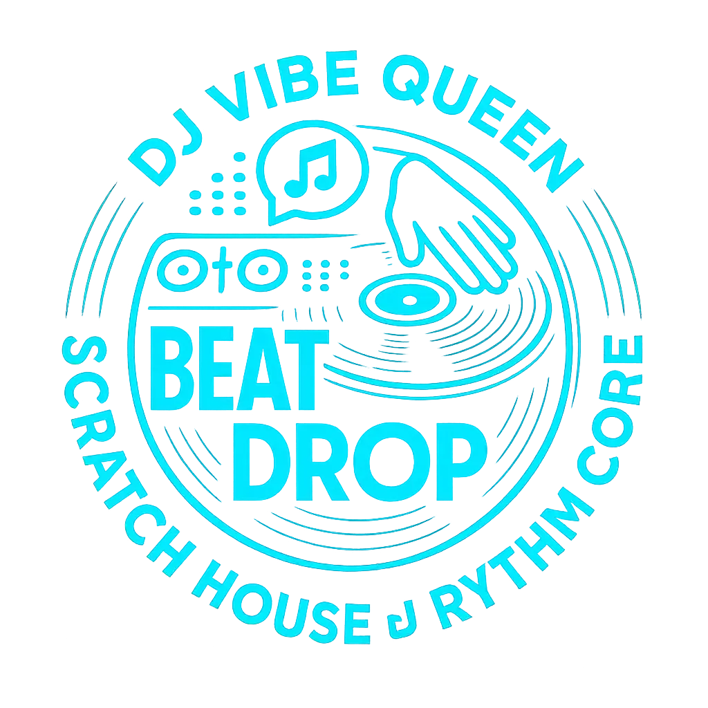 Monochrome DJ logo template with vinyl, turntables, and bold text