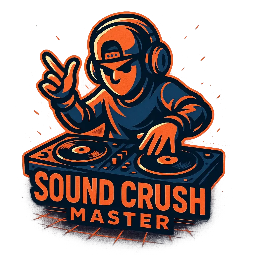 Energetic DJ Logo template with bold cartoon DJ and turntables