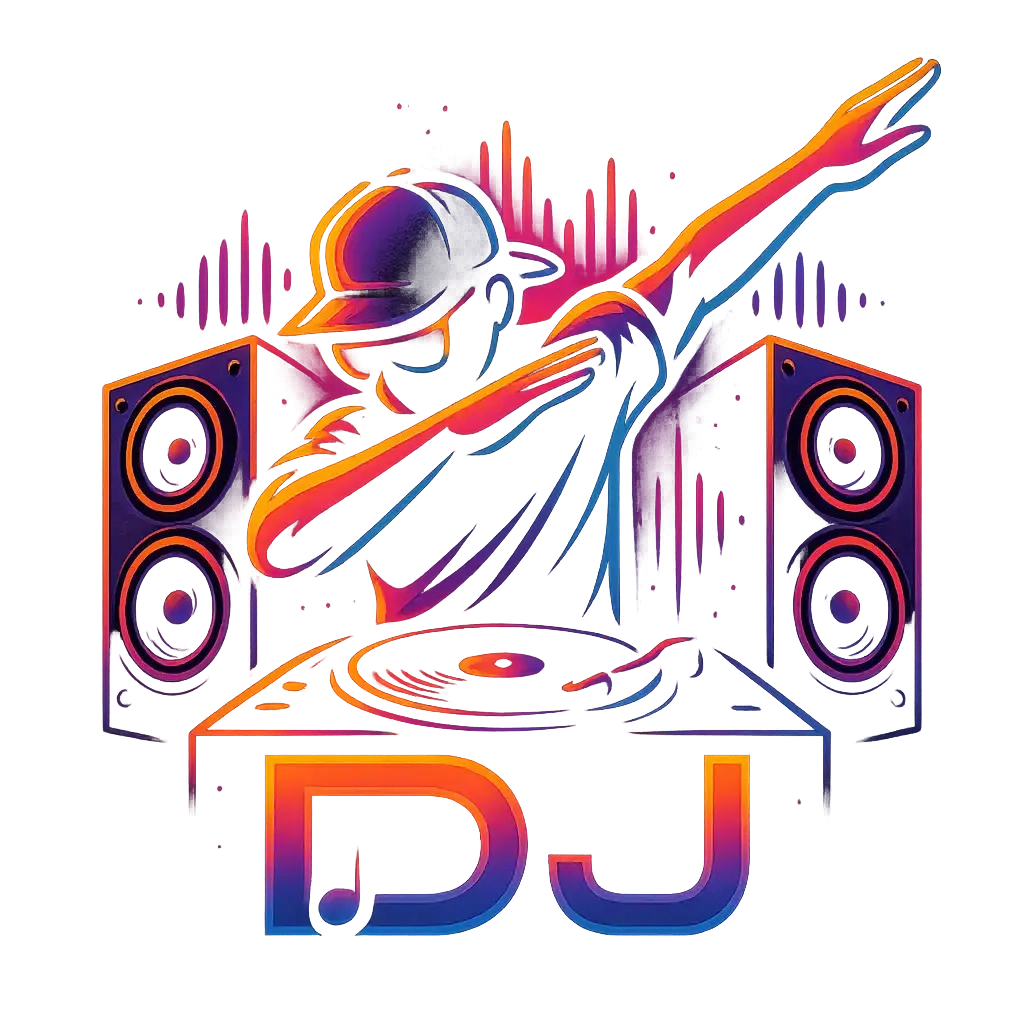 Stylized DJ Logo template featuring a DJ silhouette and speakers
