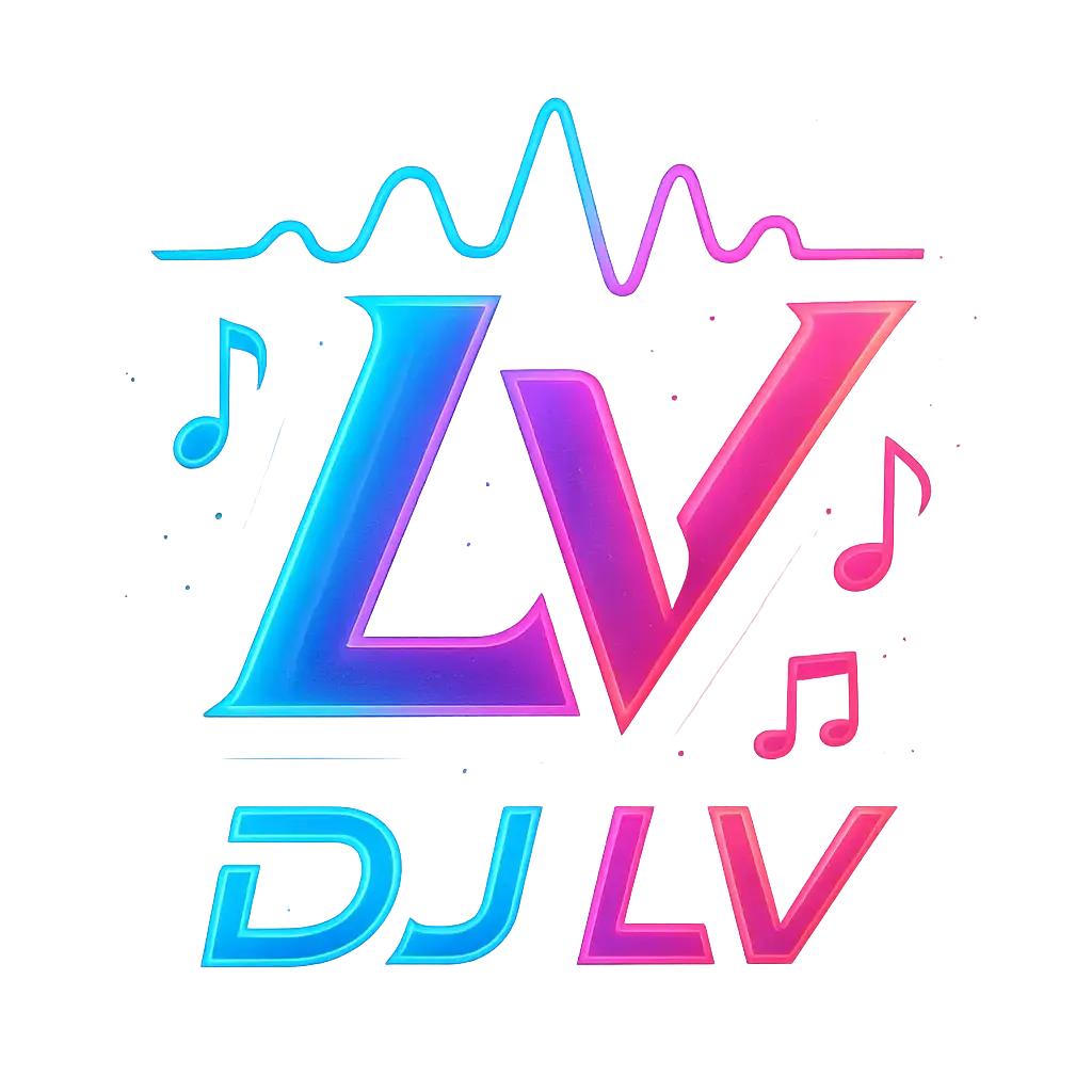 DJ Logo template with neon monogram and music notes
