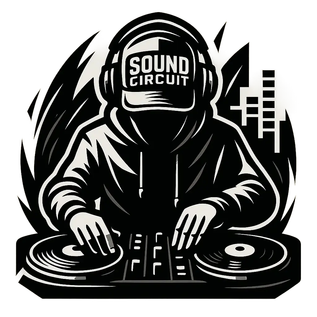 Monochrome DJ Logo template with faceless DJ on turntables