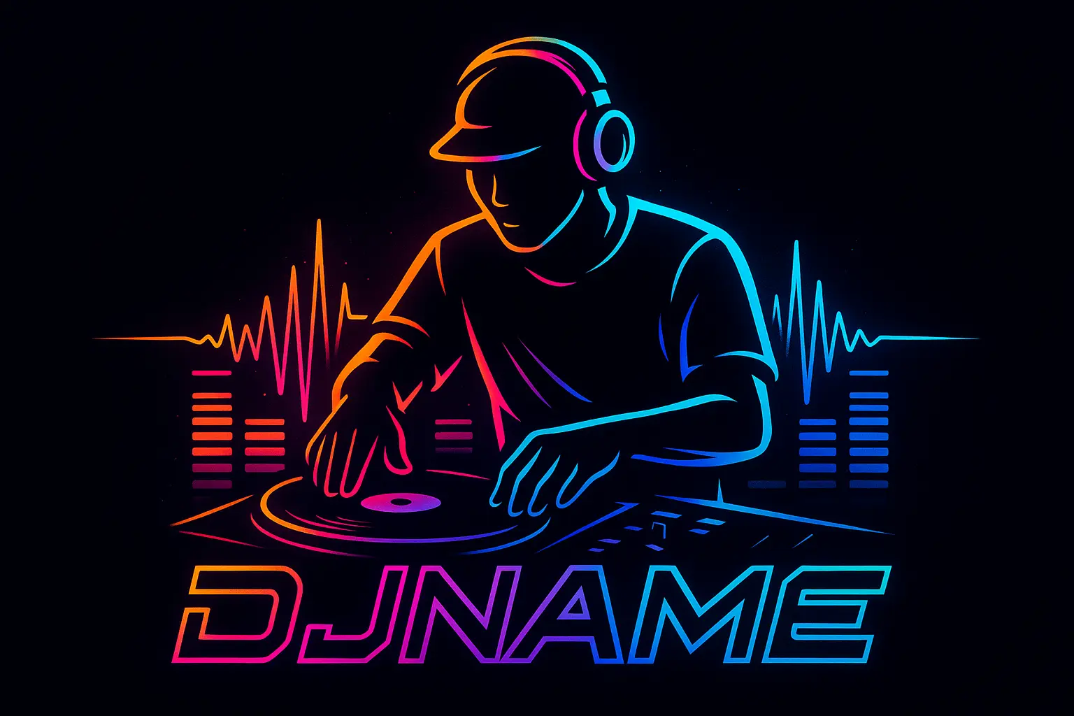 DJ Logo template with hand and vinyl records, bold black and red design