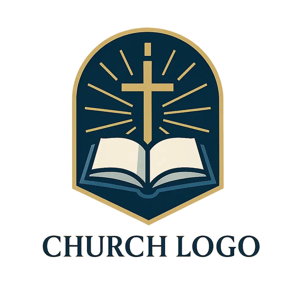 Church Logo template with cross, Bible, and light rays