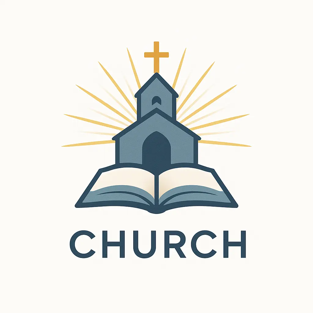 Church Logo template with cross, church building, Bible, and sun rays