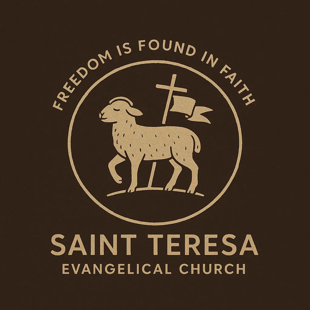 Church Logo template with lamb, cross, and 'Saint Teresa Evangelical Church'.