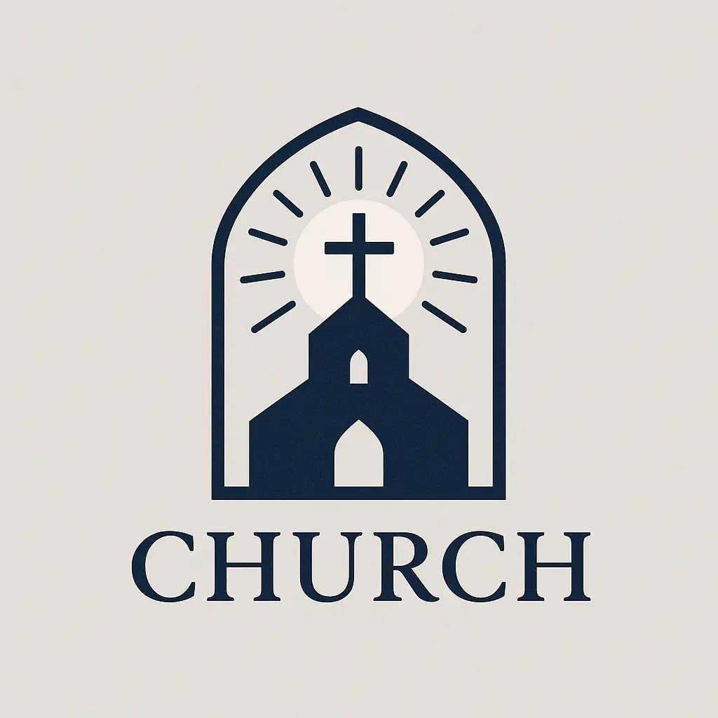 Church Logo template with cross, church building, and sun rays