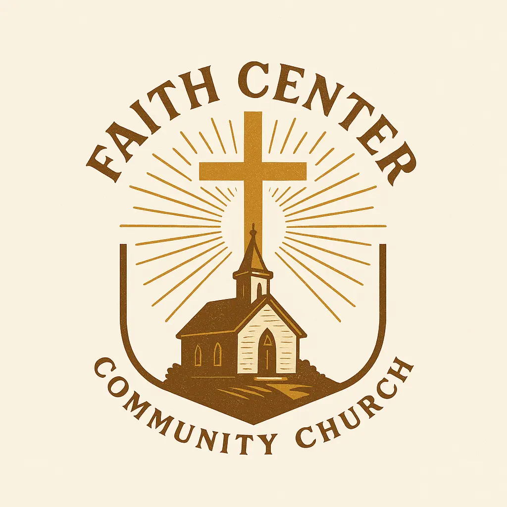 Faith Center Church Logo template with cross, sun rays, and church structure