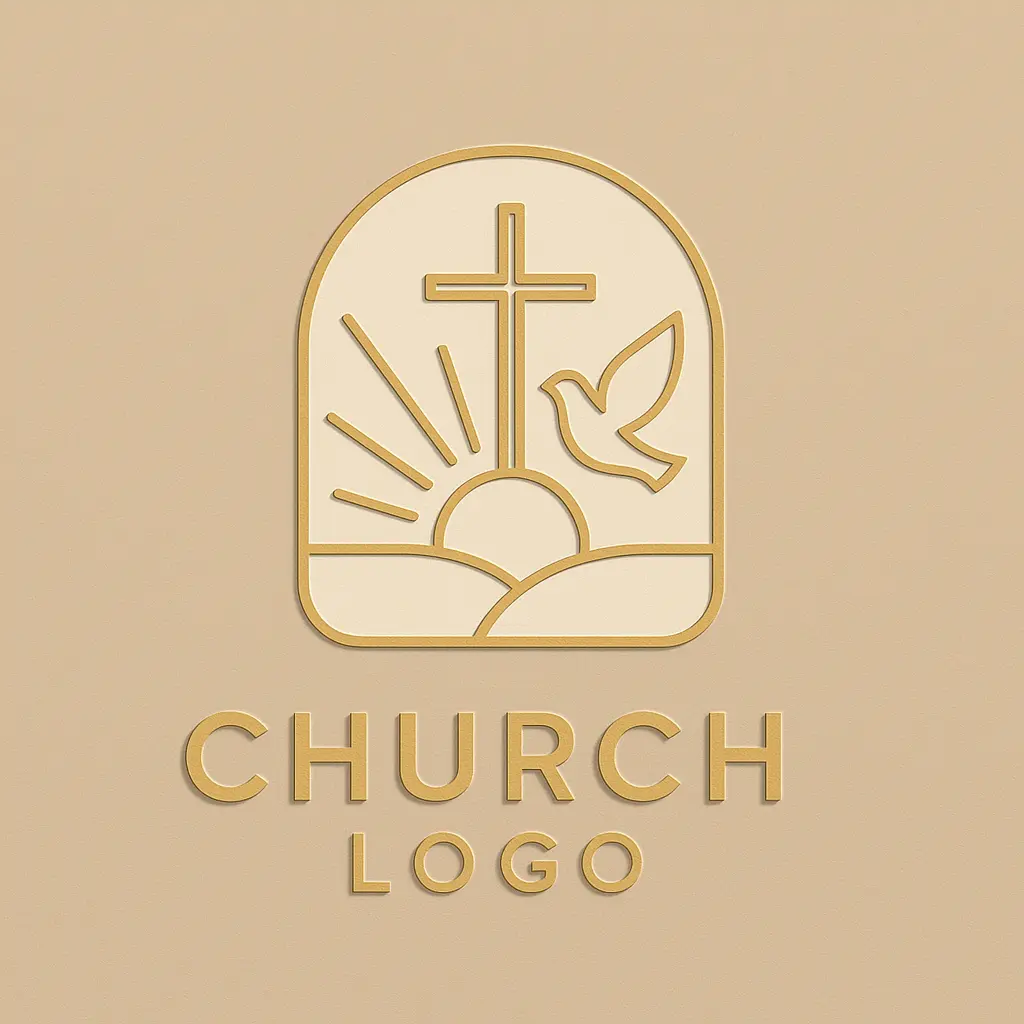 Church Logo template with abstract cross, dove, and gold accents