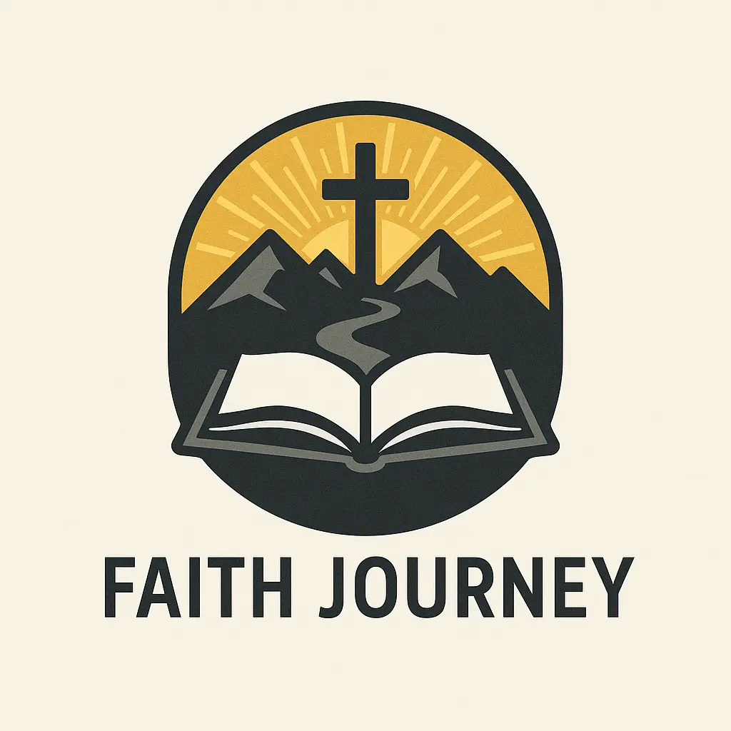 Church Logo template featuring cross, mountains, road, Bible, sunburst