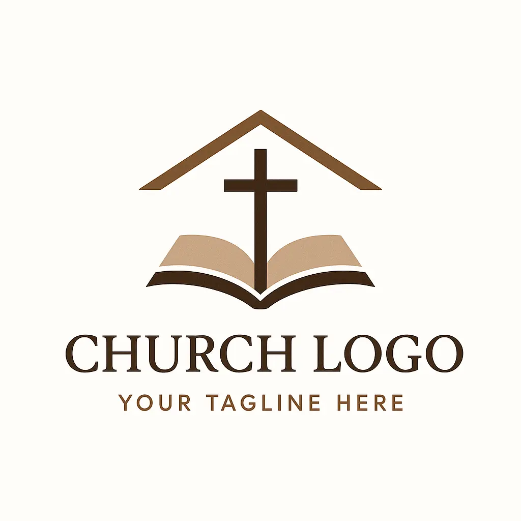 Church Logo template featuring cross, Bible, and roof elements.