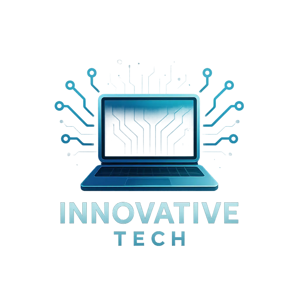 Computer Logo template with futuristic laptop and glowing circuits